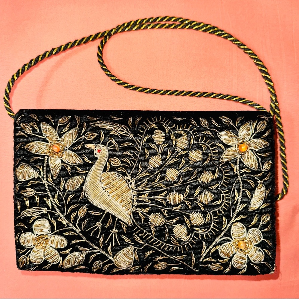 Vintage Zardozi Peacock Clutch Excellent Condition Black Gold Art Deco Bag